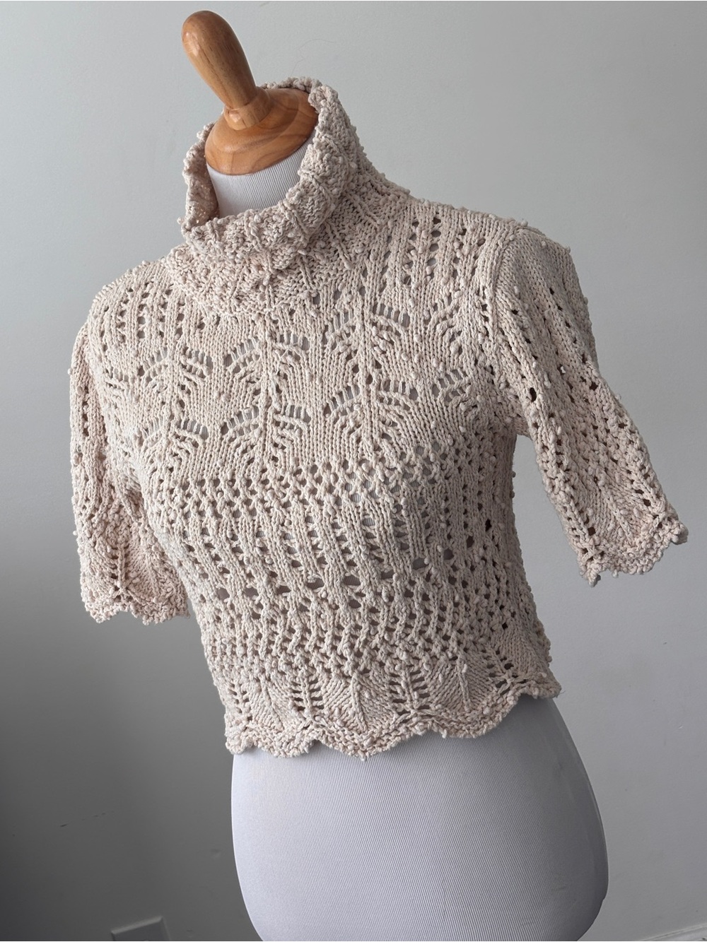 Zara Cream Crochet Turtleneck Short-Sleeve Sweater